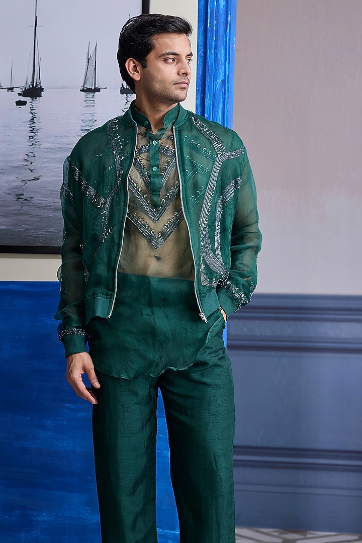 Dark Green Organza Embroidered Bomber Jacket Set by DiyaRajvvir Men at Pernia's Pop Up Shop