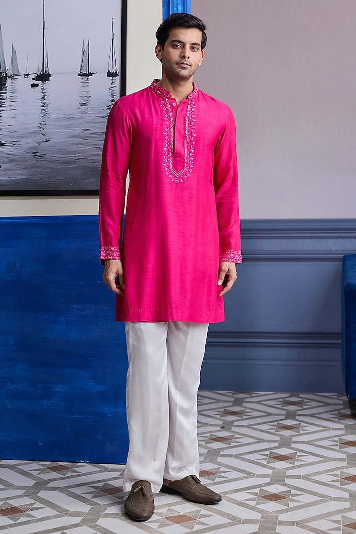 Fuchsia Pink Dola Silk Mirror Embroidered Kurta by DiyaRajvvir Men at Pernia's Pop Up Shop