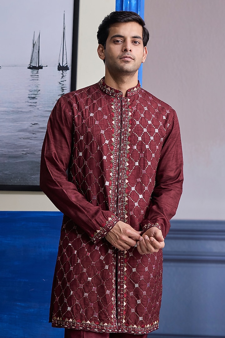 Maroon Dola Silk Mirror Embroidered Kurta by DiyaRajvvir Men at Pernia's Pop Up Shop