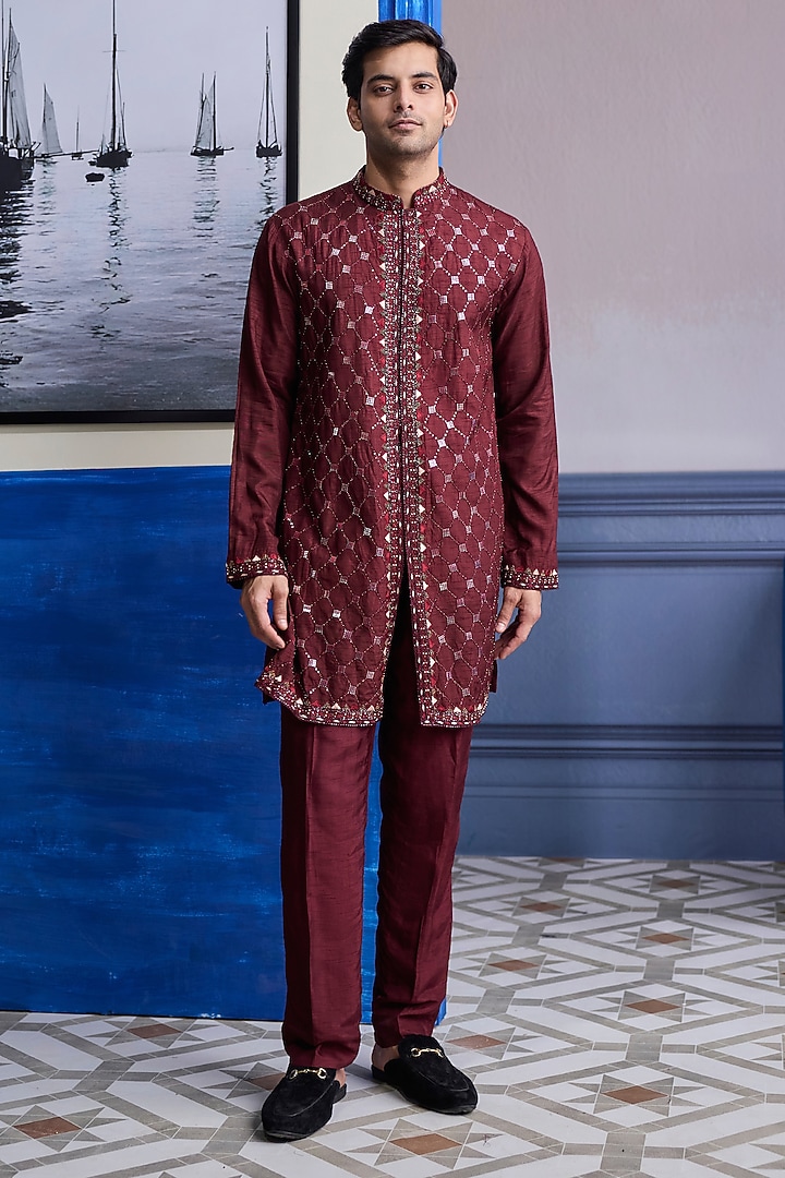 Maroon Dola Silk Mirror Embroidered Kurta by DiyaRajvvir Men at Pernia's Pop Up Shop