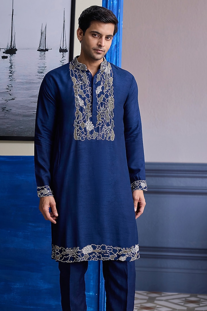 Dark Blue Dola Silk Embroidered Kurta by DiyaRajvvir Men at Pernia's Pop Up Shop