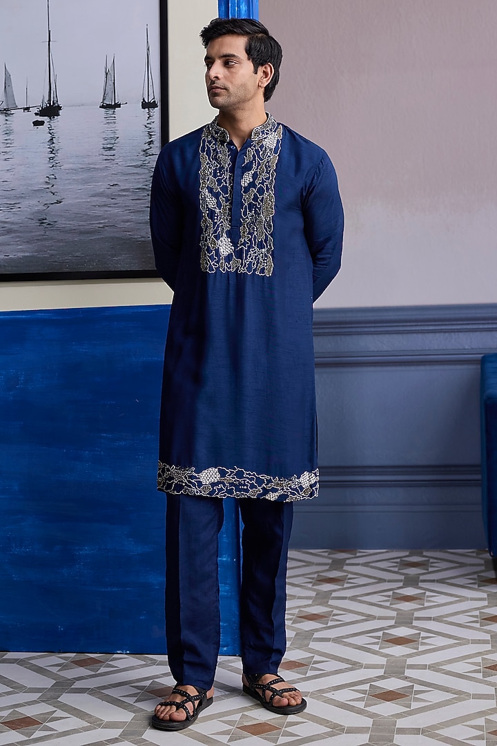 Dark Blue Dola Silk Embroidered Kurta by DiyaRajvvir Men at Pernia's Pop Up Shop