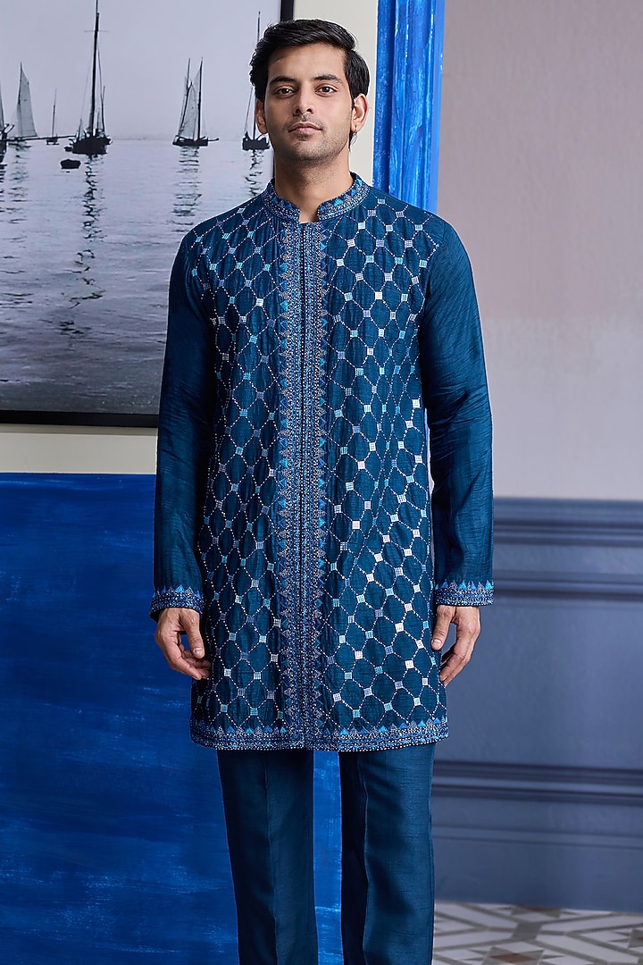 Teal Blue Dola Silk Embroidered Kurta by DiyaRajvvir Men at Pernia's Pop Up Shop