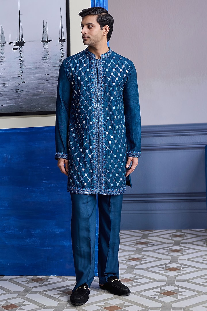 Teal Blue Dola Silk Embroidered Kurta by DiyaRajvvir Men at Pernia's Pop Up Shop