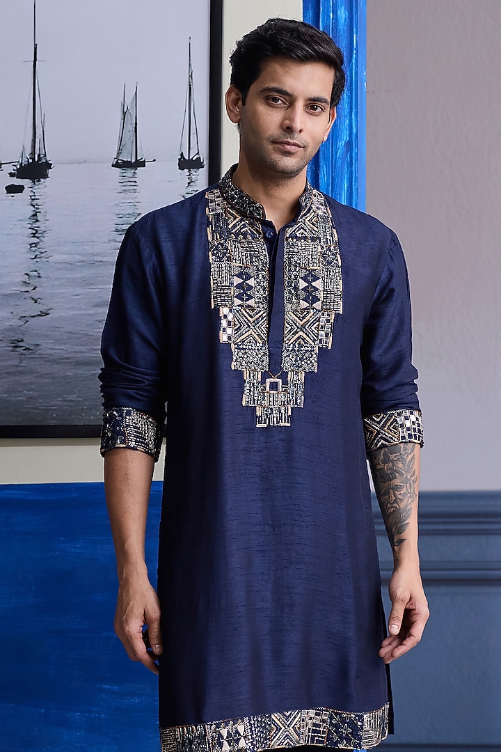 Dark Blue Dola Silk Embroidered Kurta by DiyaRajvvir Men at Pernia's Pop Up Shop