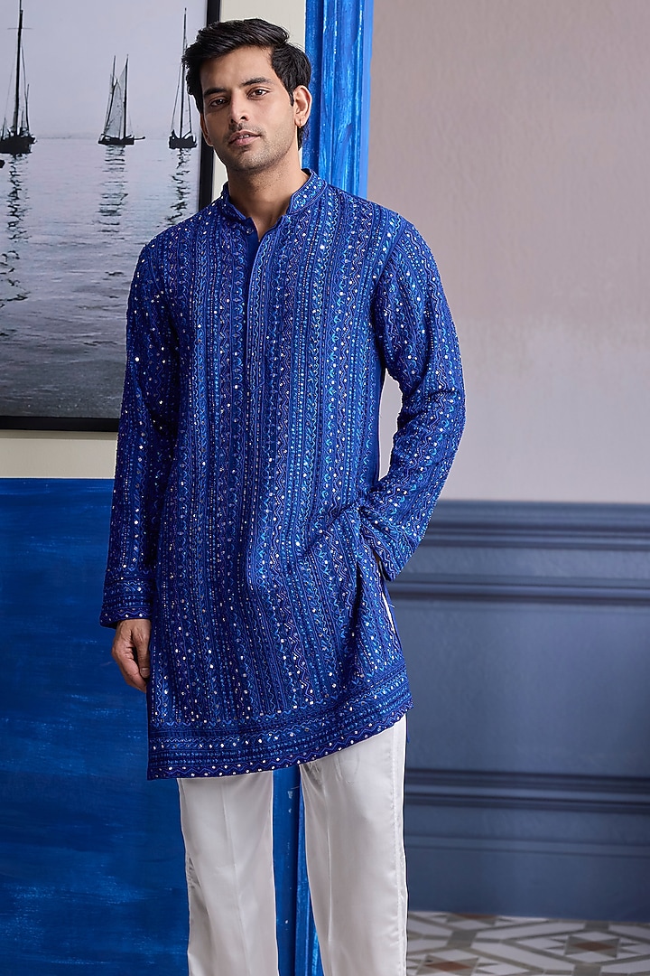 Electric Blue Dola Silk Thread Embroidered Kurta by DiyaRajvvir Men at Pernia's Pop Up Shop