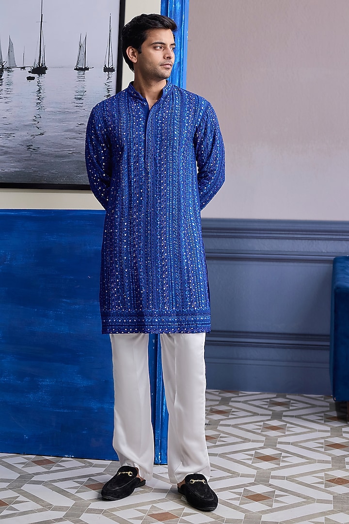 Electric Blue Dola Silk Thread Embroidered Kurta by DiyaRajvvir Men at Pernia's Pop Up Shop