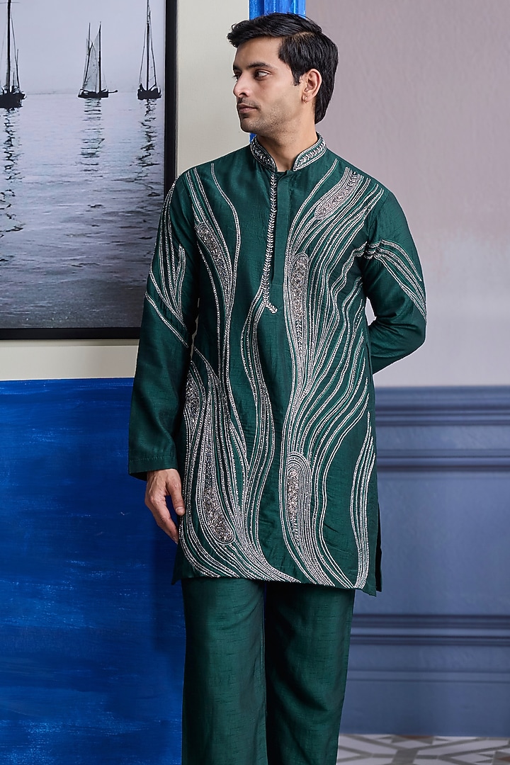 Dark Green Dola Silk Embroidered Kurta by DiyaRajvvir Men at Pernia's Pop Up Shop