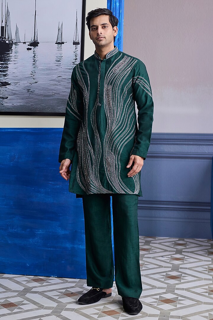 Dark Green Dola Silk Embroidered Kurta by DiyaRajvvir Men at Pernia's Pop Up Shop