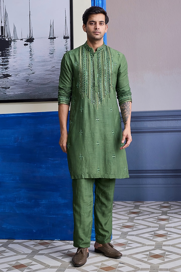Sage Green Dola Silk Embroidered Kurta by DiyaRajvvir Men at Pernia's Pop Up Shop