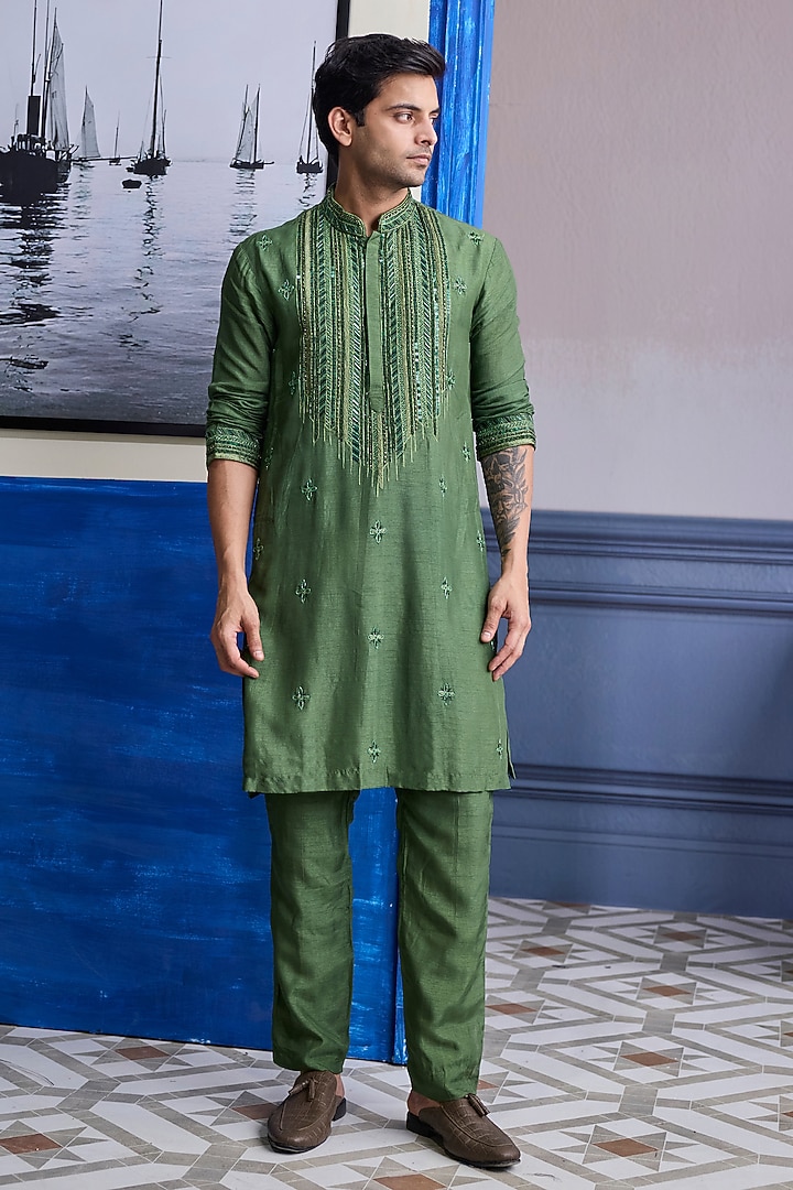 Sage Green Dola Silk Embroidered Kurta by DiyaRajvvir Men at Pernia's Pop Up Shop