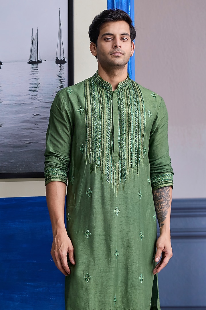 Sage Green Dola Silk Embroidered Kurta by DiyaRajvvir Men at Pernia's Pop Up Shop