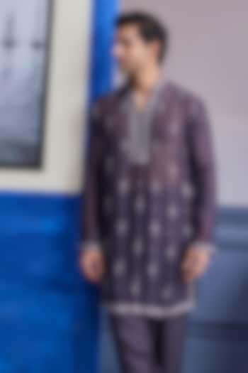 Charcoal Grey Dola Silk Embroidered Sheer Kurta by DiyaRajvvir Men at Pernia's Pop Up Shop