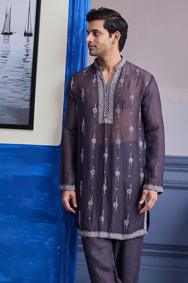 Charcoal Grey Dola Silk Embroidered Sheer Kurta by DiyaRajvvir Men at Pernia's Pop Up Shop