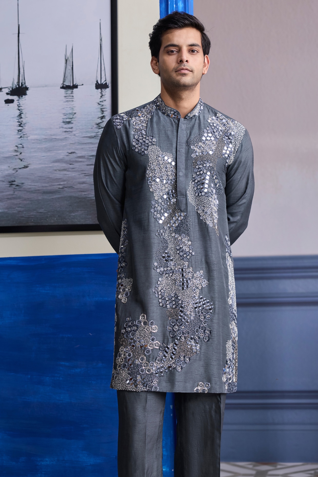 DiyaRajvvir Steel Grey Dola Silk Embroidered Sheer Kurta