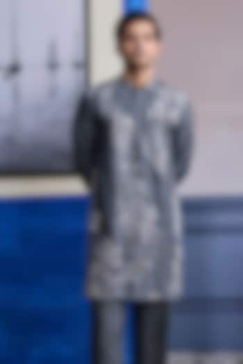 Steel Grey Dola Silk Embroidered Sheer Kurta by DiyaRajvvir Men at Pernia's Pop Up Shop