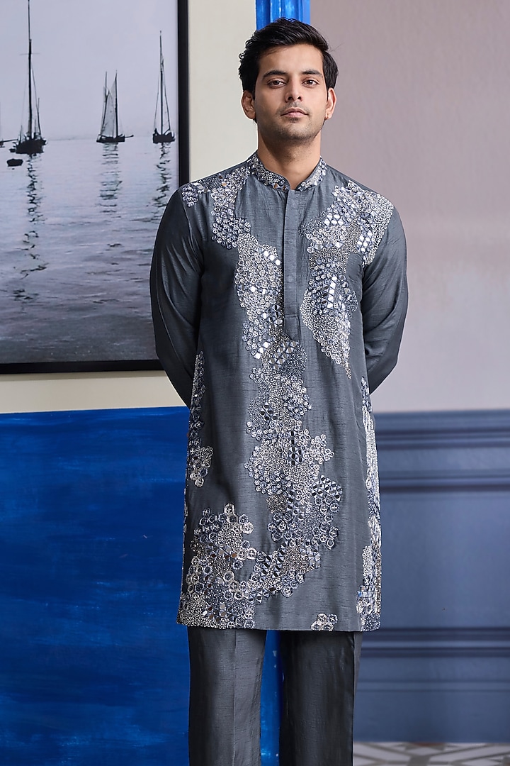 Steel Grey Dola Silk Embroidered Sheer Kurta by DiyaRajvvir Men at Pernia's Pop Up Shop