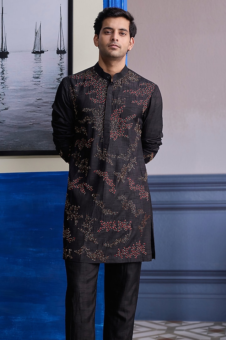 Black Dola Silk Embroidered Sheer Kurta by DiyaRajvvir Men at Pernia's Pop Up Shop