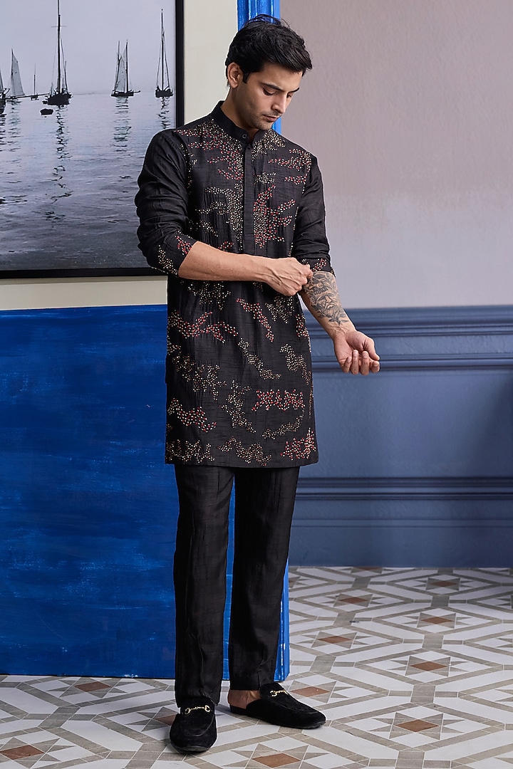 Black Dola Silk Embroidered Sheer Kurta by DiyaRajvvir Men at Pernia's Pop Up Shop