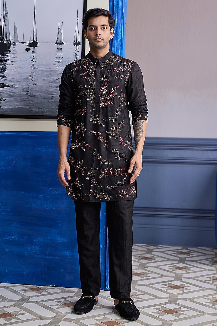 Black Dola Silk Embroidered Sheer Kurta by DiyaRajvvir Men at Pernia's Pop Up Shop