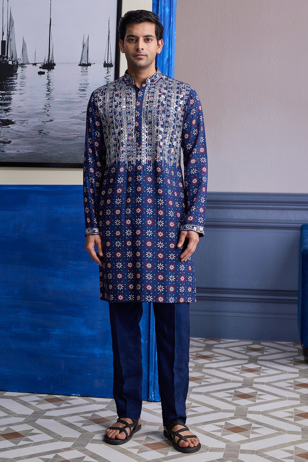 DiyaRajvvir Dark Blue Dola Silk & Satin Printed Kurta Set