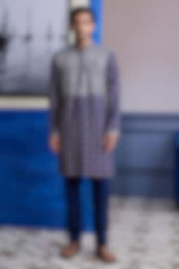 Dark Blue Dola Silk & Satin Printed Kurta Set by DiyaRajvvir Men at Pernia's Pop Up Shop