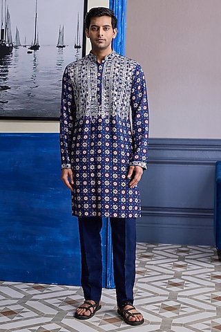 Dark Blue Dola Silk & Satin Printed Kurta Set by DiyaRajvvir Men