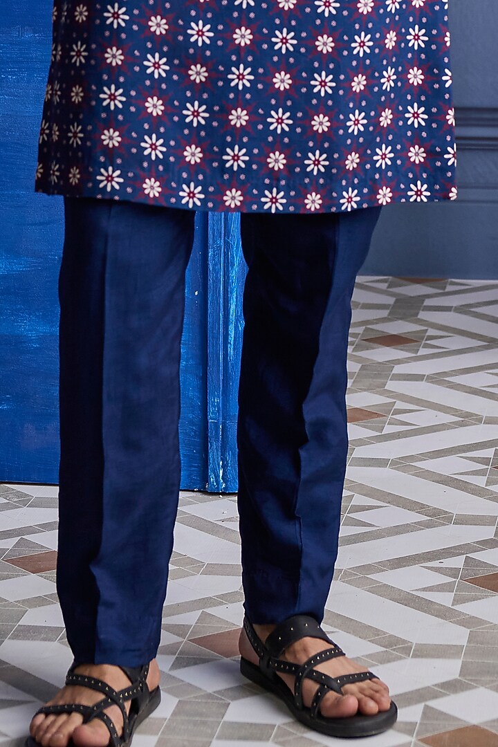 Dark Blue Dola Silk & Satin Printed Kurta Set by DiyaRajvvir Men at Pernia's Pop Up Shop