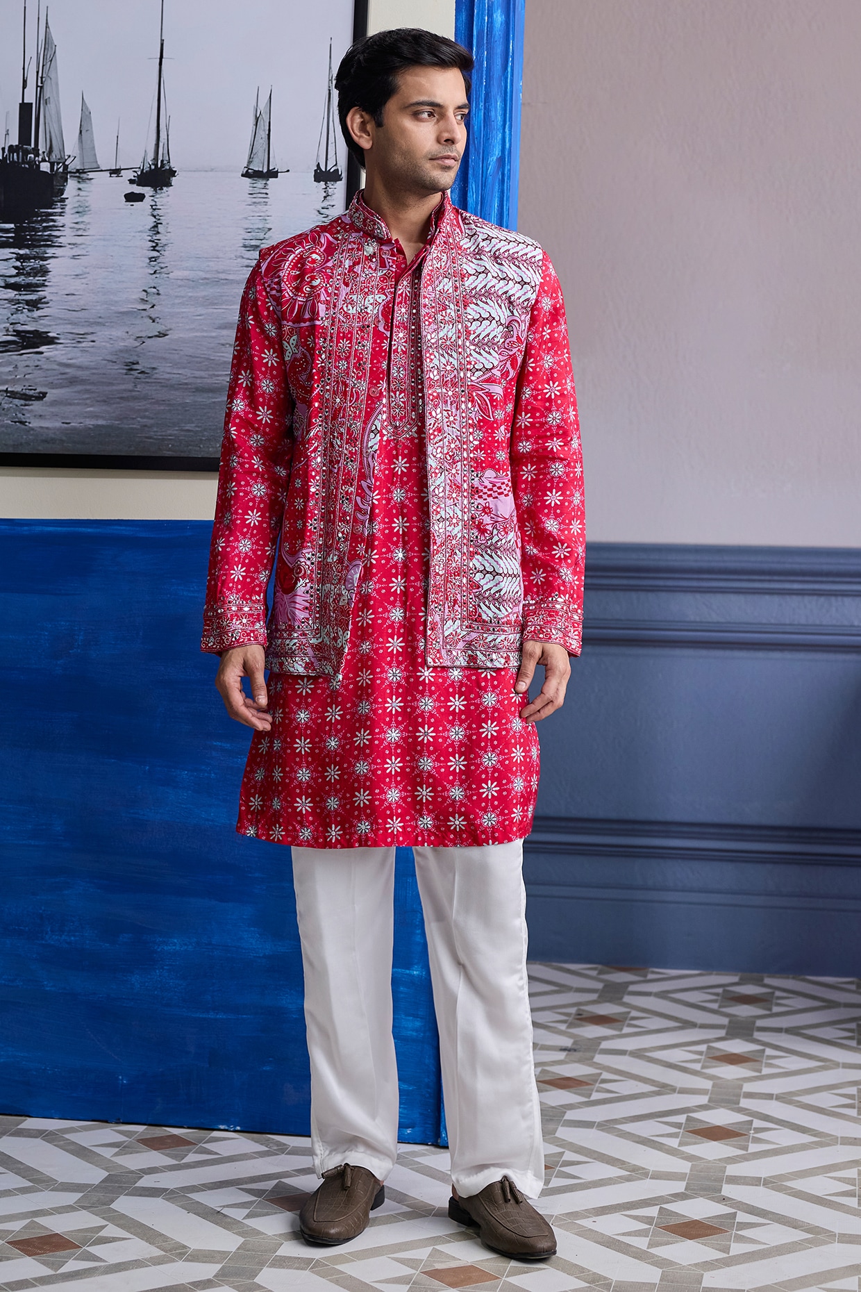 DiyaRajvvir Red Dola Silk & Satin Printed Bundi Jacket Set