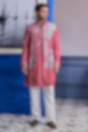 Red Dola Silk & Satin Printed Bundi Jacket Set by DiyaRajvvir Men at Pernia's Pop Up Shop