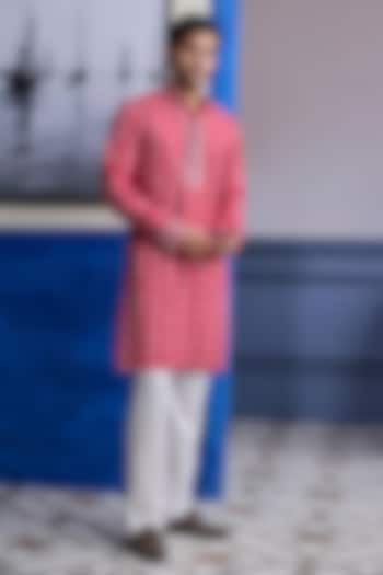 Red Dola Silk & Satin Printed Kurta Set by DiyaRajvvir Men at Pernia's Pop Up Shop