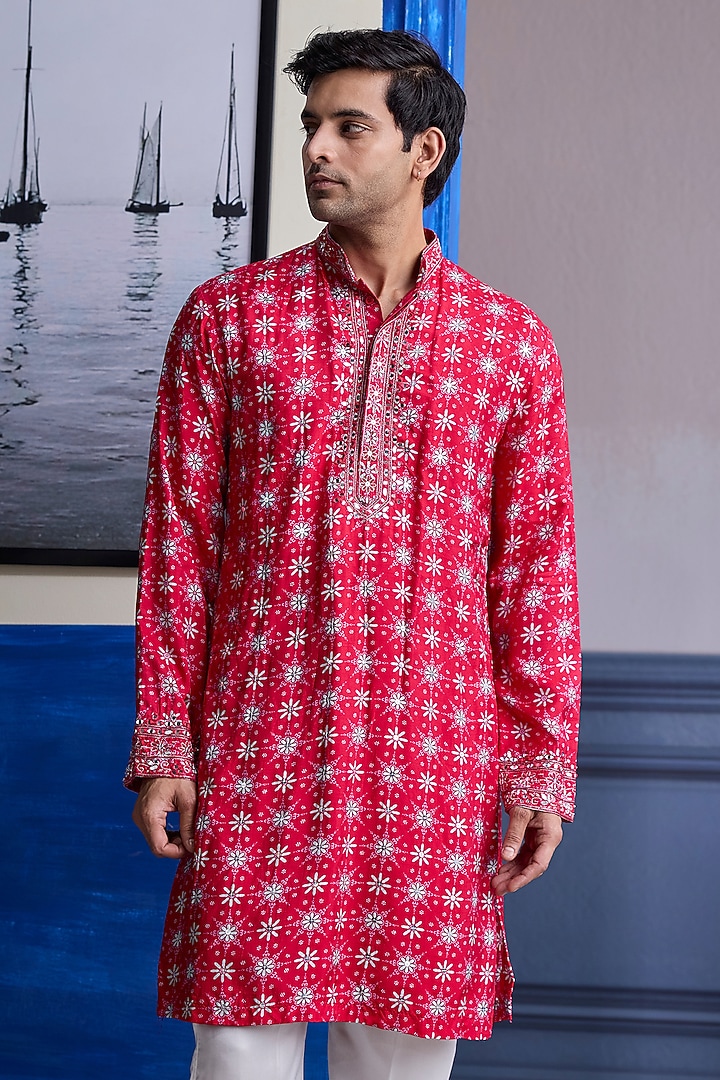 Red Dola Silk & Satin Printed Kurta Set by DiyaRajvvir Men at Pernia's Pop Up Shop