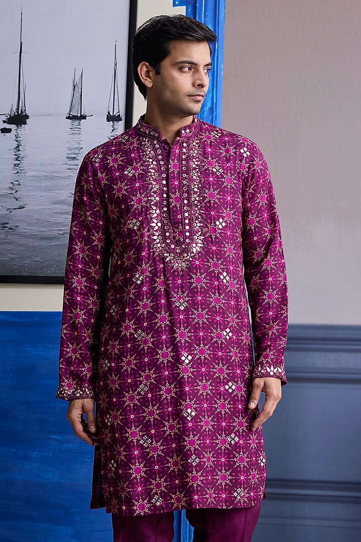 Plum Dola Silk Printed Kurta Set by DiyaRajvvir Men at Pernia's Pop Up Shop