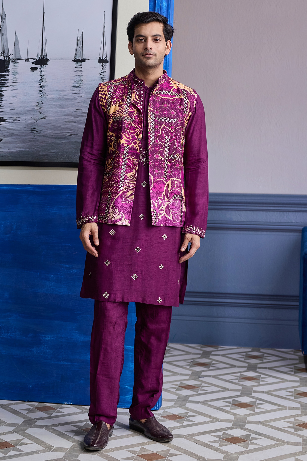 DiyaRajvvir Plum Dola Silk Printed Bundi Jacket Set
