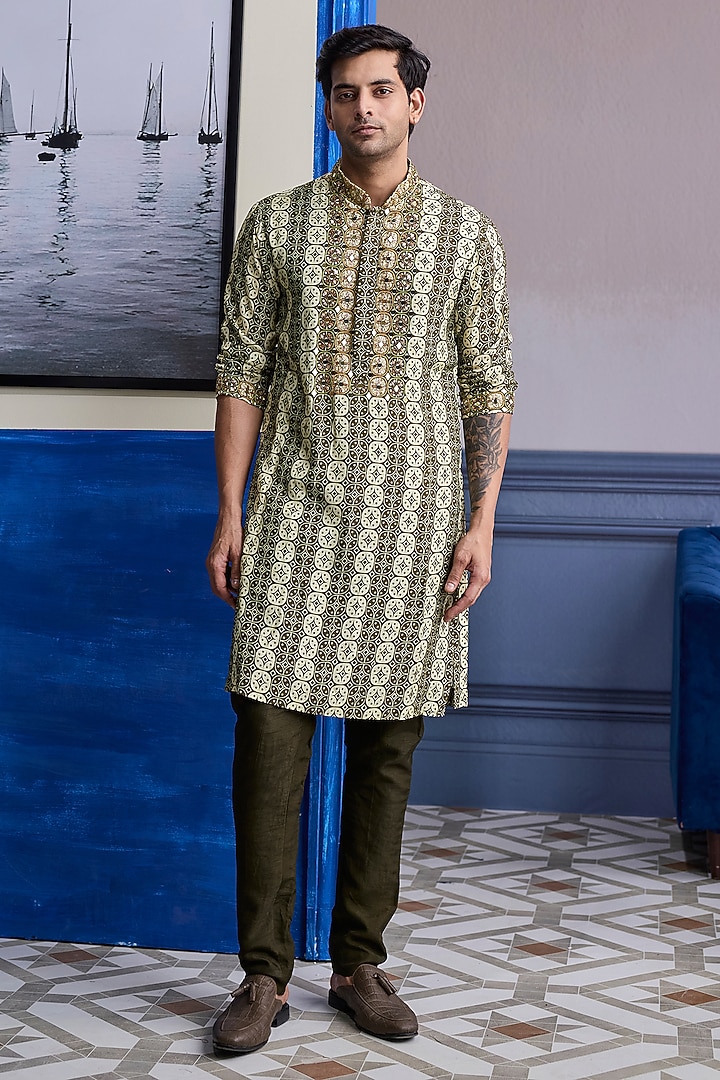 Olive Dola Silk Kurta Set by DiyaRajvvir Men at Pernia's Pop Up Shop