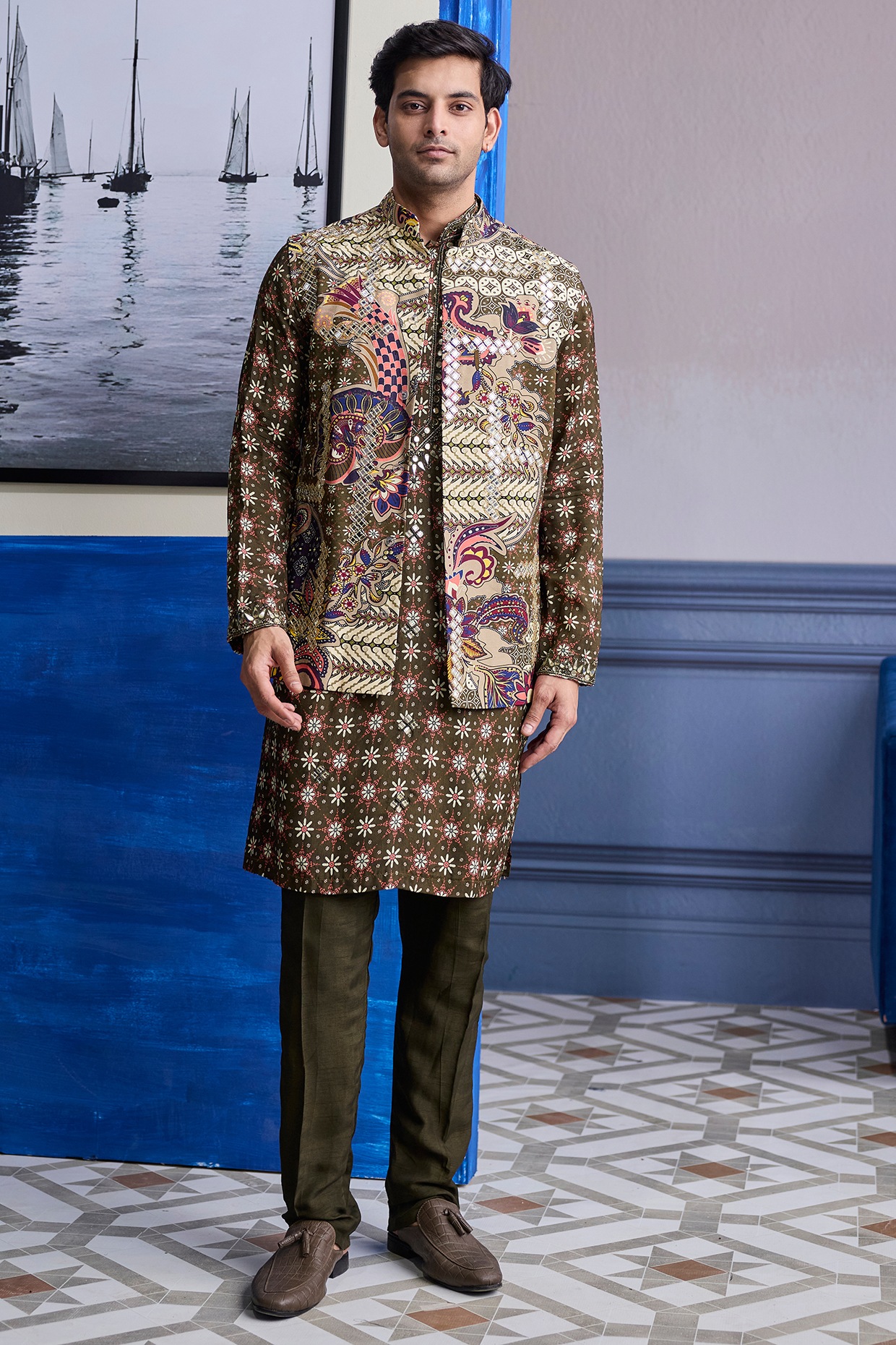 DiyaRajvvir Olive Dola Silk Printed Bundi Jacket Set