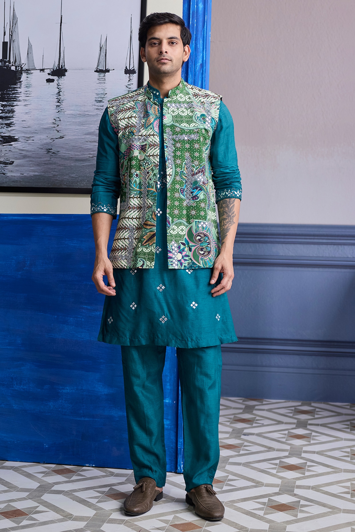 DiyaRajvvir Teal Green Dola Silk Printed Bundi Jacket Set