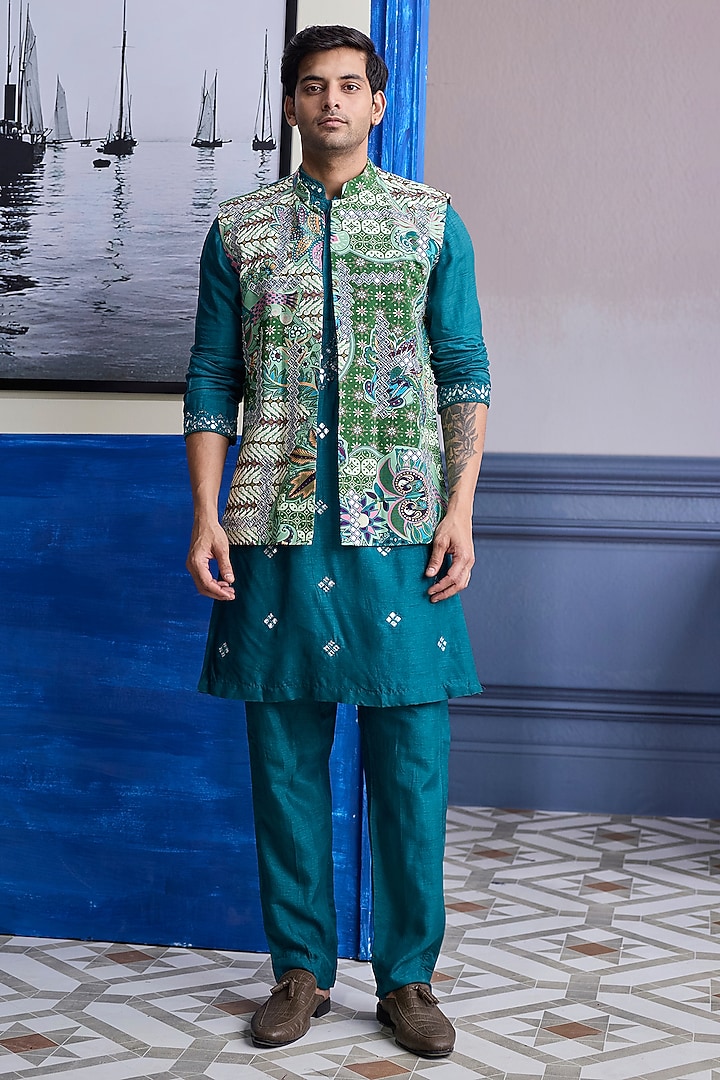 Teal Green Dola Silk Printed Bundi Jacket Set by DiyaRajvvir Men at Pernia's Pop Up Shop