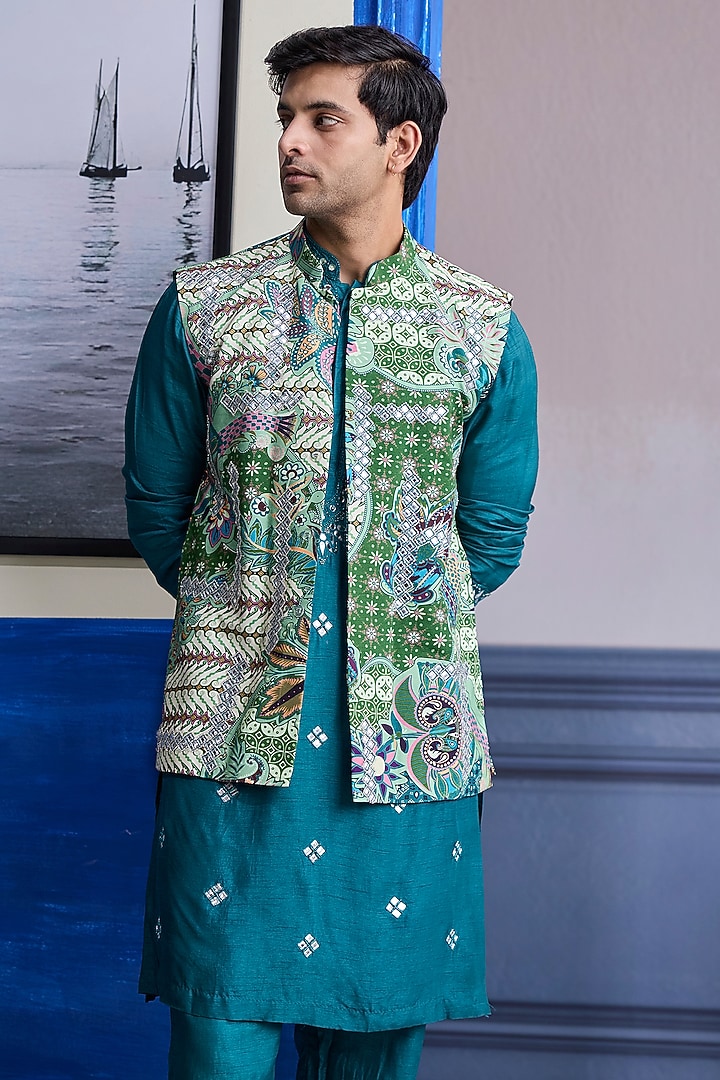 Teal Green Dola Silk Printed Bundi Jacket Set by DiyaRajvvir Men at Pernia's Pop Up Shop