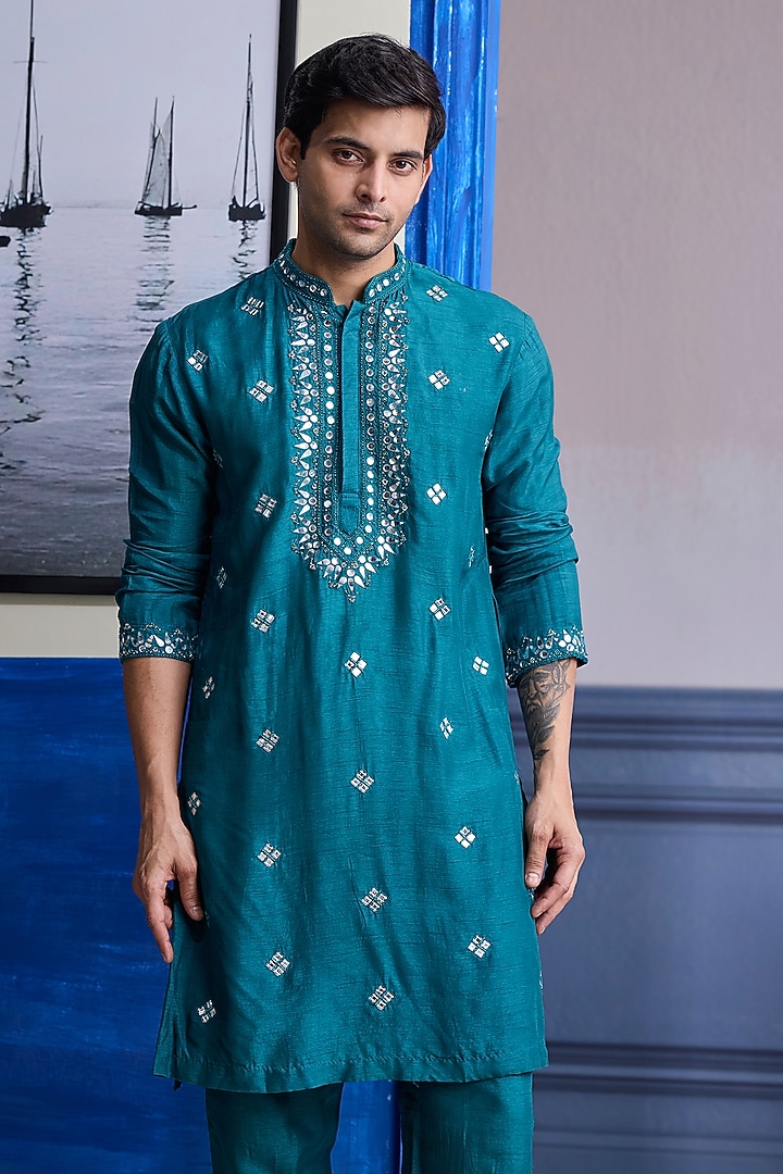Teal Green Dola Silk Printed Bundi Jacket Set by DiyaRajvvir Men at Pernia's Pop Up Shop
