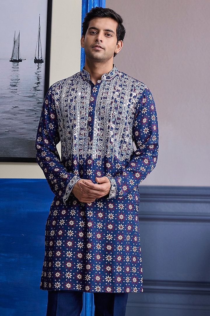 Dark Blue Dola Silk Printed Kurta by DiyaRajvvir Men at Pernia's Pop Up Shop