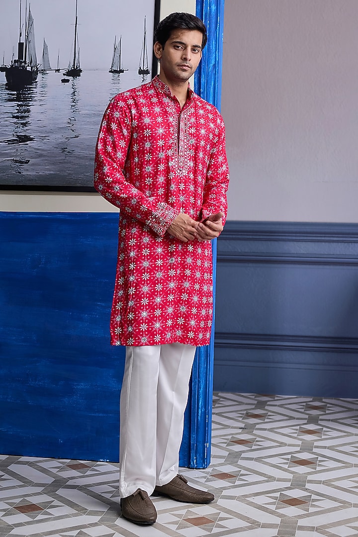 Red Dola Silk Boota Printed Kurta by DiyaRajvvir Men at Pernia's Pop Up Shop