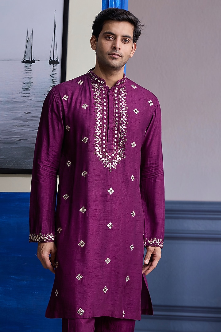 Plum Dola Silk Embroidered Kurta by DiyaRajvvir Men at Pernia's Pop Up Shop