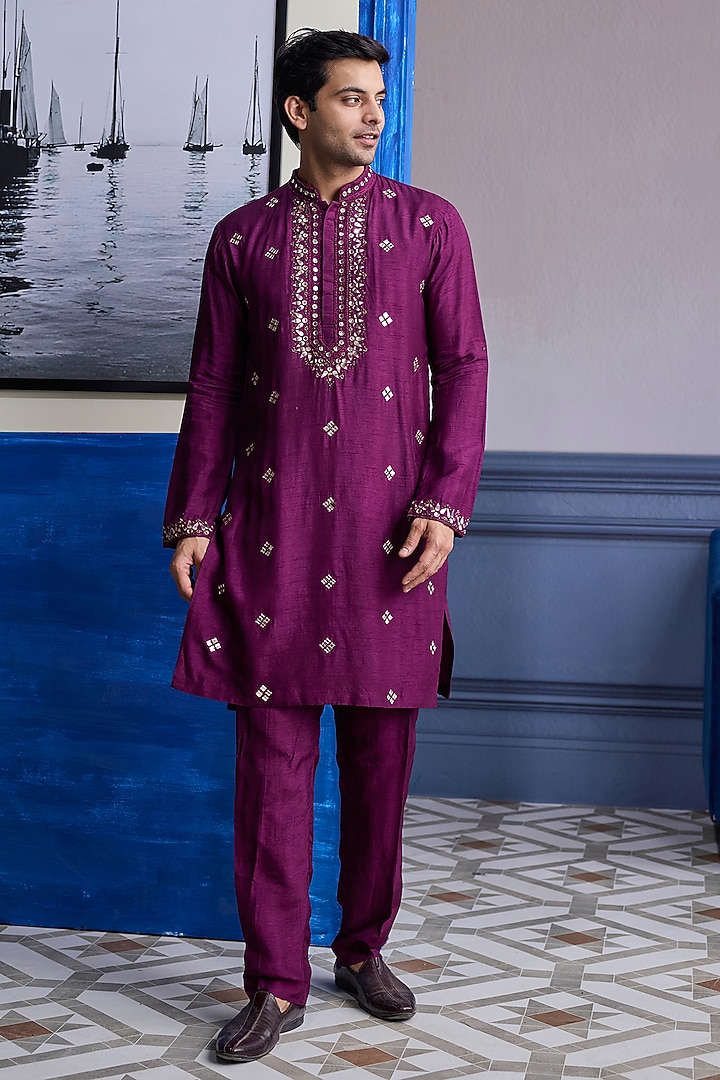 Plum Dola Silk Embroidered Kurta by DiyaRajvvir Men at Pernia's Pop Up Shop