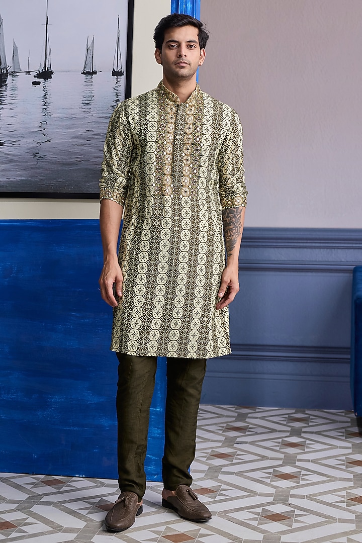 Olive Dola Silk Kurta by DiyaRajvvir Men at Pernia's Pop Up Shop