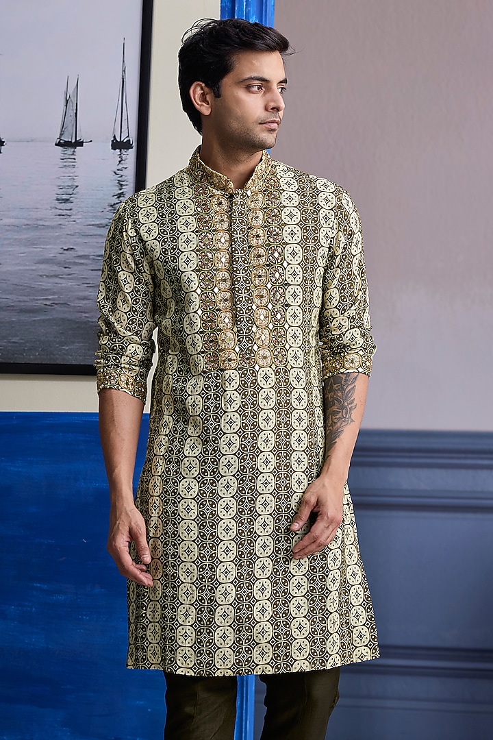 Olive Dola Silk Kurta by DiyaRajvvir Men at Pernia's Pop Up Shop