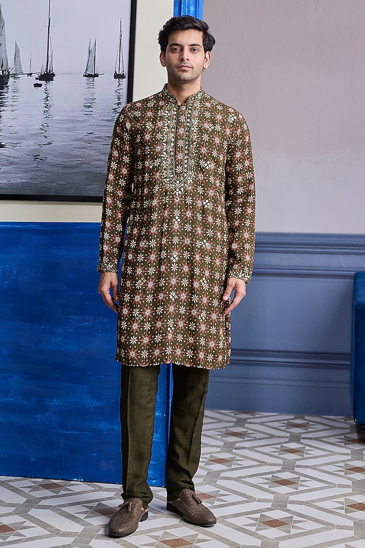 Olive Dola Silk Kurta by DiyaRajvvir Men at Pernia's Pop Up Shop