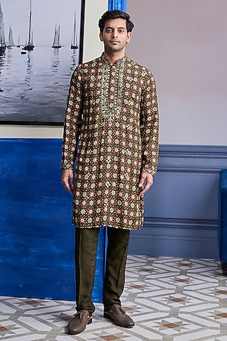 Olive Dola Silk Kurta by DiyaRajvvir Men