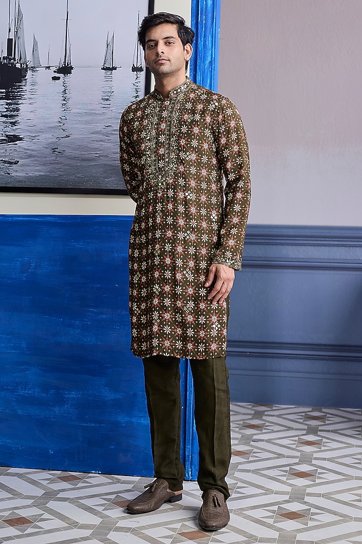 Olive Dola Silk Kurta by DiyaRajvvir Men at Pernia's Pop Up Shop