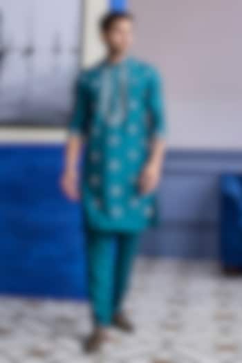 Teal Green Dola Silk Embroidered Kurta by DiyaRajvvir Men at Pernia's Pop Up Shop